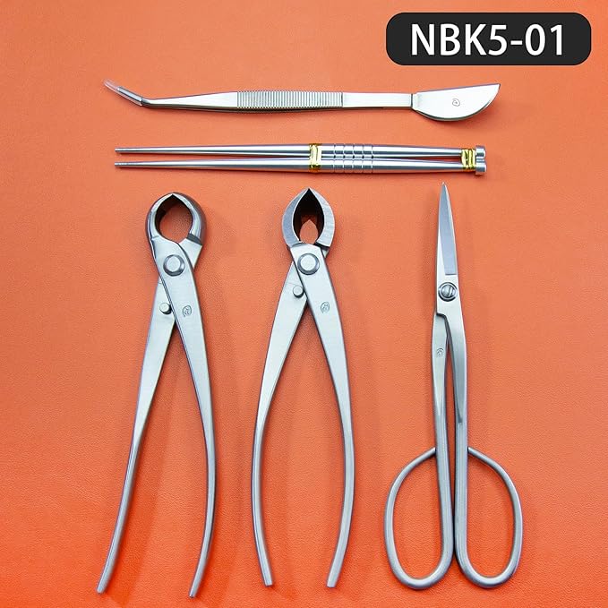 TianBonsai Bonsai Tools 5-Piece Alloy Steel Bonsai tool Kit In Cluding 210mm Long Handle Scissors / 205mm Branch Cutter / 205mm Knob Cutter / 200mm Straight Root Hook/Tweezers (NBK5-01)
