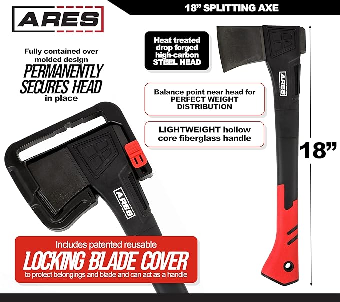 ARES 45006 – 18-Inch Splitting Axe – Lightweight Fiberglass Handle Construction – High-Carbon Steel Blade Head – Gardening, Hiking, and Outdoor/Adventure Applications