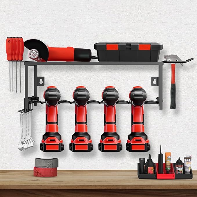 Lisgicabin Power Tool Organizer Wall Mount, Heavy Duty Drill Storage Rack with 4 Drill Holders and Drill Bit Rack, Efficient Drill Storage for Garage, Tool Room, and Workshop,2layer-Black