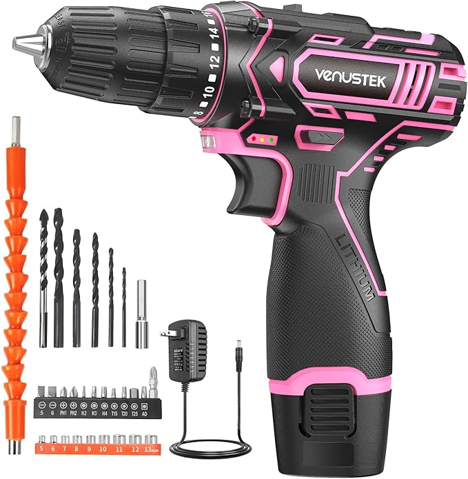 Cordless Drill Set, 12V Power Drill with 2.0Ah Battery and 2-Speed, 30Nm Torque, 25+1 Clutch Settings, 3/8" Keyless Chuck, Pink Electric Drills for Home DIY, Wood, Metal, Plastic Drilling