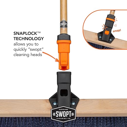 SWOPT 10" Rough Surface Deck Brush, 24" Multi-Surface Push Broom + 60" EVA Foam Comfort Grip Wooden Handle, Broom Kit Combo — 2 Cleaning Heads and Long Handle Interchangeable with SWOPT Cleaning Head