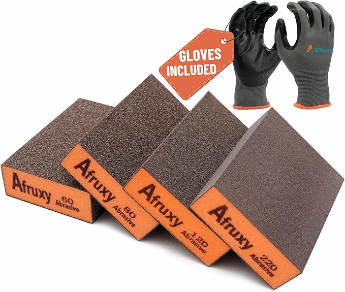 Professional-Grade Sanding Sponge 4-Pack with Gloves – 60/80/120/220 Grit, Wet Dry Hand Sander, Sand Paper Brick for Drywall Sanding, Wood Sanding