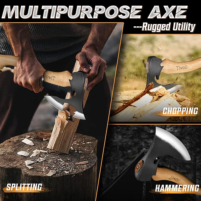 Tivoli Camping Hatchet Axe with Sheath – 16.5" High Carbon Steel Axe with Beech Wood Handle – Bushcraft Hatchet & Wood Splitting Axes for Gardening, Carving, Outdoor Adventures – Gift for Men