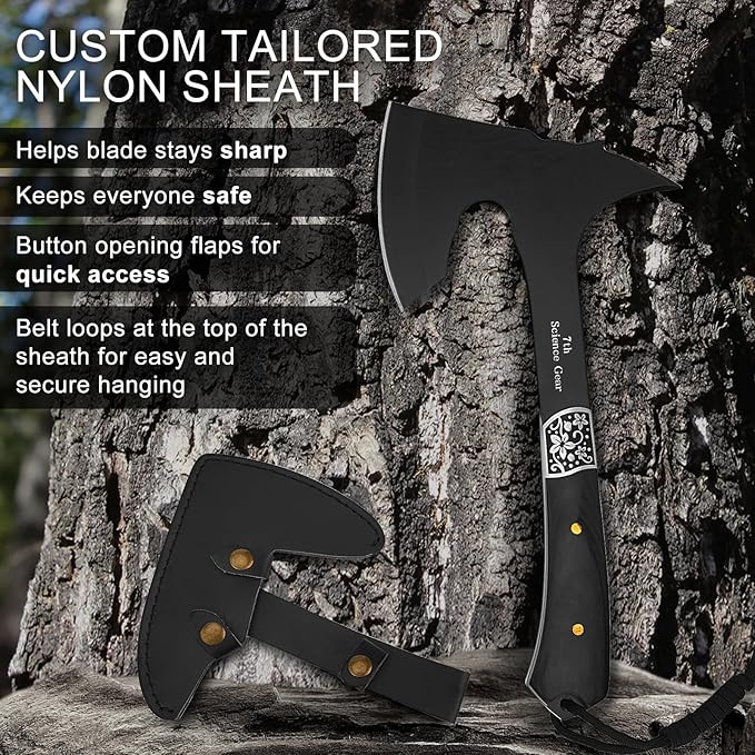 Camping Hatchet Axe with Leather Sheath – 13" Full Tang Compact Survival Tomahawk with Wood Handle for Outdoor Backpacking, Bushcraft, Hiking, and Camping