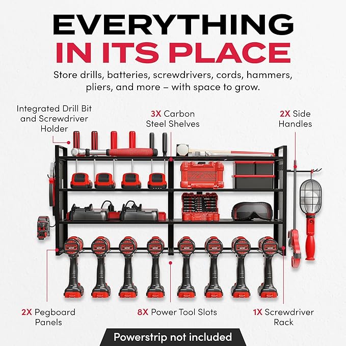 Power Tool Organizer Wall Mount - Power Tool Storage Rack with 3 Shelves, 8 Drill Holders, Bit Holder, Load 300 lbs, Pegboard Sides Storage for Tools- Garage Drill Organizer, Ultimate Workshop Station