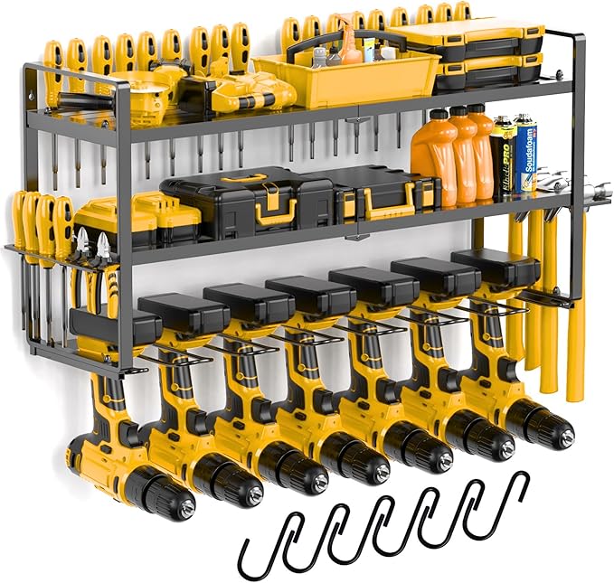 3 Shelf 7 Drill Holder Power Tool Organizer Wall Mount, Tool Storage Rack for Garage, Pegboard, Workshop walls | Compatible for all type of Cordless Power tools Comes With J hooks for Cords