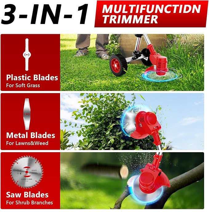 6-inch Cordless String Trimmer with 3 Types of Blades, Electric Grass Trimmer,21V 2×2000mAh Weed Eater Battery Powered,Electric Weed Wacker Cordless with Wheels,Lawn Edger, Mower for Yard,Garden