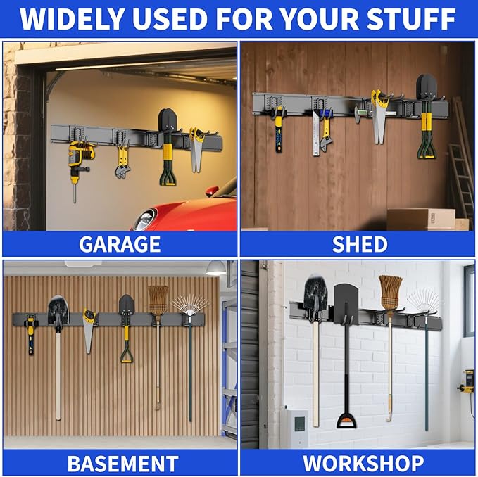 Tool Organizer Wall Mount, 32inch Heavy Duty Garden Tool organizer Storage System, Easy Install With 6 Adjustable Hooks, For Garage, Basement, Shed, Workshop(Black)