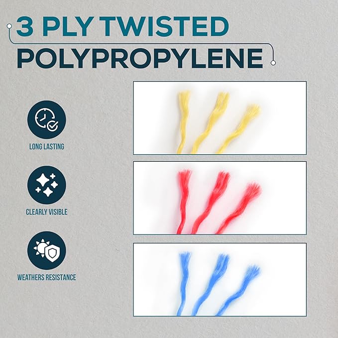 3 Roll Mason Line String – 262ft, 1.3mm Thick Twisted Polypropylene – Durable Construction Twine for Laying Bricks, Blocks, Fences in Gardening, DIY & Landscaping Projects (Yellow,Red,Blue)