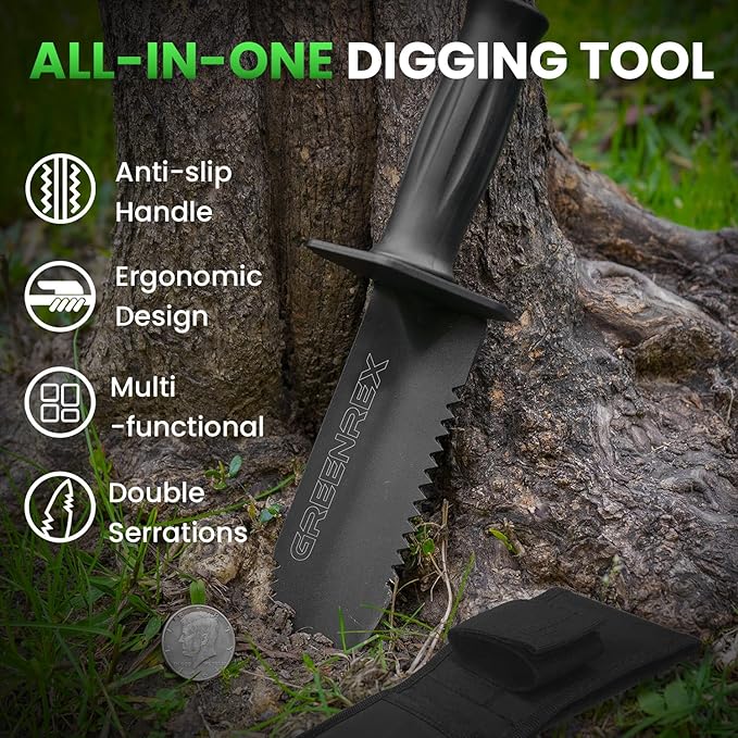 Metal Detector Shovel, Heavy Duty Double Serrated Digging Tool and Metal Detector Accessories with Sheath, Gardening Tools for Weeding, Planting, Camping, Treasure Hunting