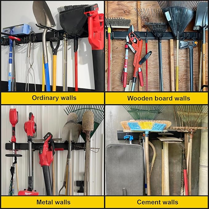 Garage Tool Organizer Wall Mount, 64 Inches Garden Tool Organizer with Adjustable Hooks, Metal Garage Storage Rack Max Loading 620lbs, Tool Holder for Hanging Rake Broom Mop Snowboard