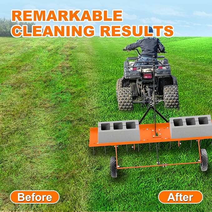 48" Tow Behind Lawn Dethatcher, Pull Behind Rake with 24 Rust-Proof Tines and Heavy Tires, Lawn Tractor Rake with Lift Handle, Tow Behind Rakes to Remove Thatch, Leaves from Large Lawn Area