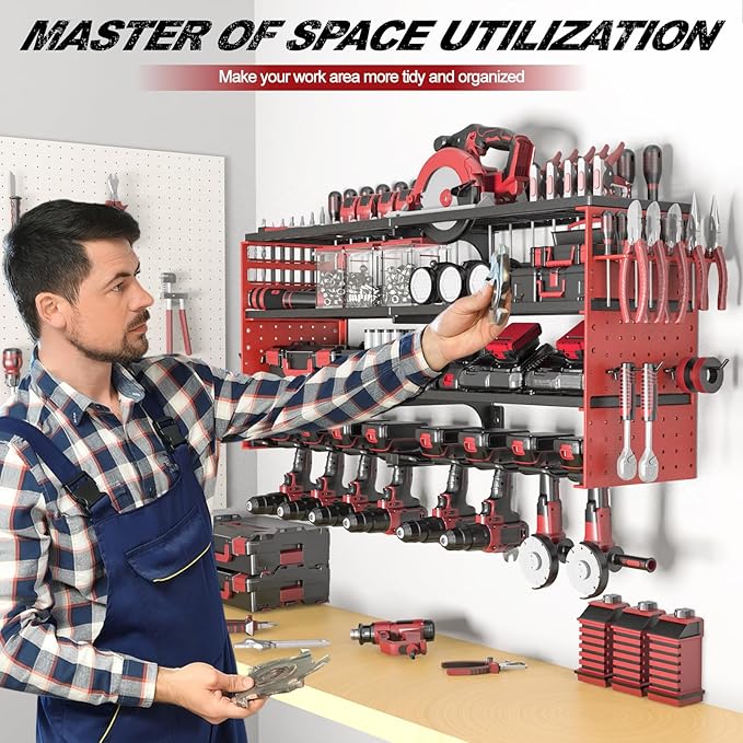 Power Tool Organizer Wall Mount, 4 Layer Heavy Duty Metal Tool Storage Rack, Power Tool Shelf Battery Storage with 8 Cordless Drill Holder,Utility Racks for Garage Workshop