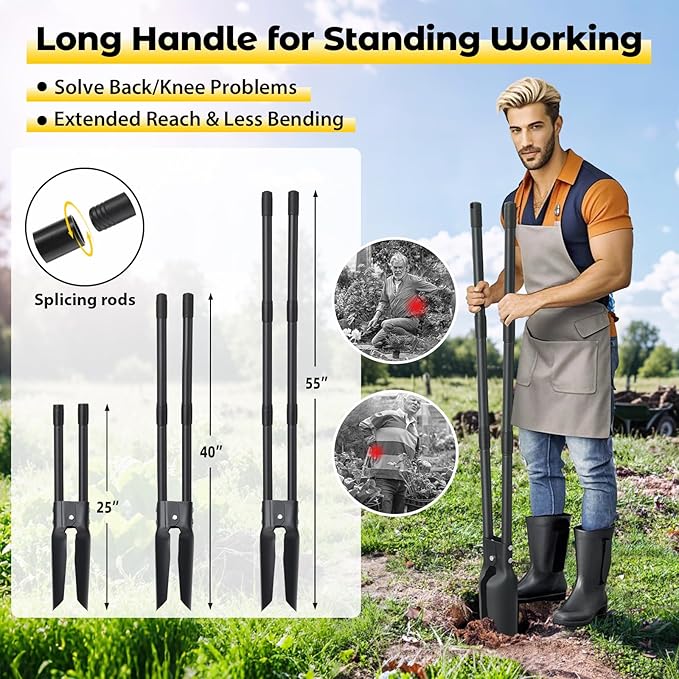 Post Hole Digger Tool, Heavy Duty Post Hole Digger with 55 Inch Handle, Dual Sharp Blades for Soil Plugging, Digging, Cultivating, Weeding, Manual Post Hole Digging Tool Garden Shovel, Black