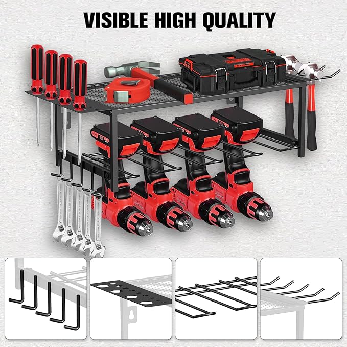 Lisgicabin Power Tool Organizer Wall Mount, Heavy Duty Drill Storage Rack with 4 Drill Holders and Drill Bit Rack, Efficient Drill Storage for Garage, Tool Room, and Workshop,2layer-Black