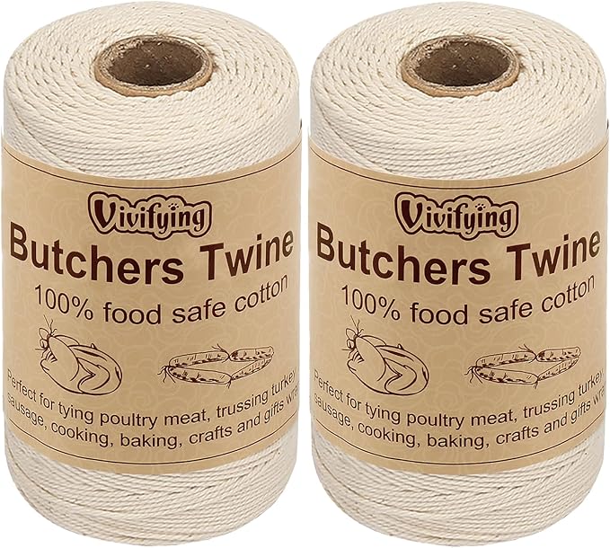 Vivifying Butchers Twine, 2pcs x 656 Feet Food Safe Cotton Bakers Twine String for Tying Meat, Making Sausage, Trussing Turkey, Roasting, Cooking and Packing(Beige)