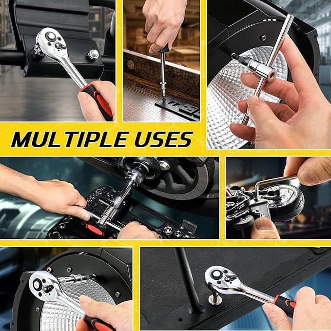 PIRIPARA 108 Piece Mechanics Tool Set Metric And Standard 1/4" & 1/2" Socket Set, Ratchet Set, Universal Joint, Extension Bars, Quick Release Reversible Ratchet Wrench, Plastic Toolbox Storage