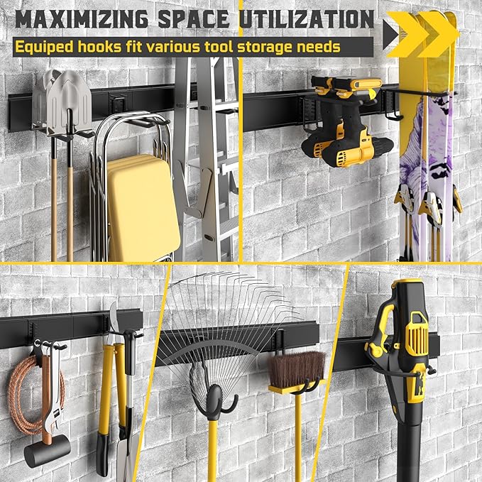 64" Garage Tool Organizer Wall Mount, Garden Tool Organizer, Garages Organizers with Adjustable Hooks, Tool Storage Rack Bearing 440lbs (4 Racks, 12 Hooks, 4 Straps)