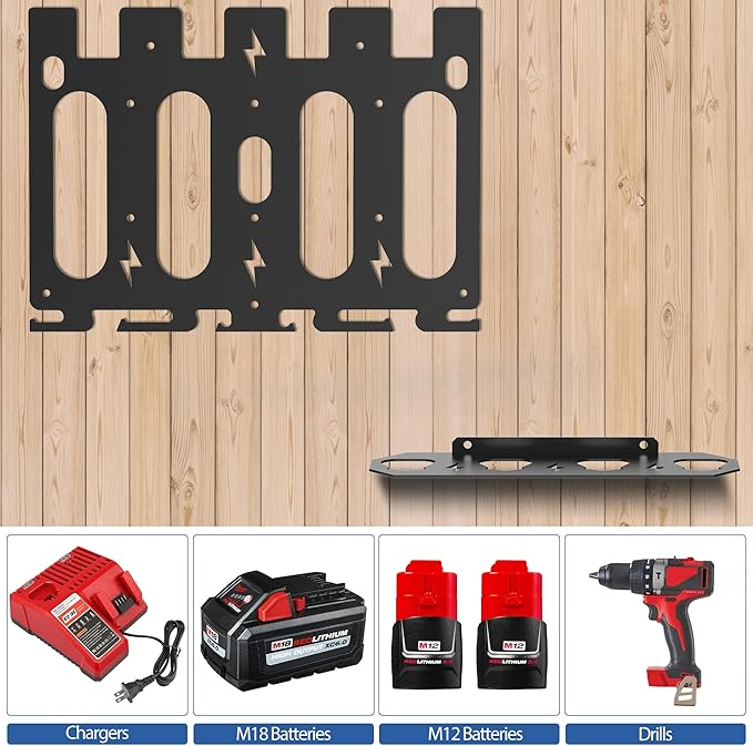 3-in-1 Metal Wall Mount Storage Rack for Milwaukee Chargers Batteries Drills,Battery and Charger Organizer, for 4x18V Batteries, M12-18C Chargers,M12-18FC Charger,M18 DFC,Power Tool Organizer