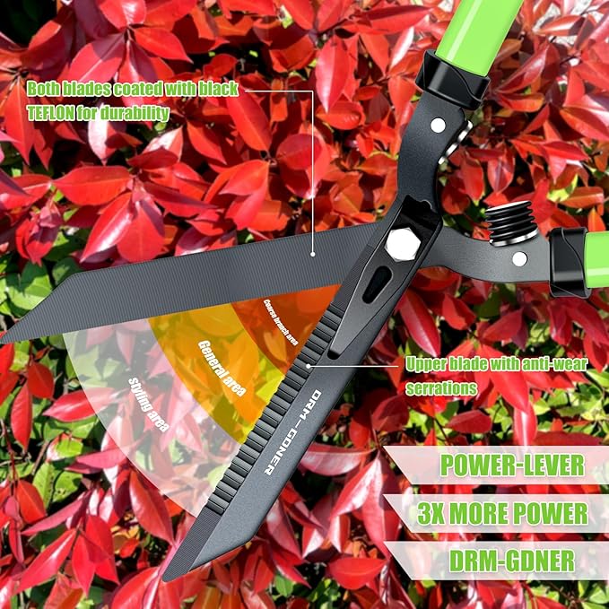 Professional Heavy Duty Hedge Shears 23" - Serrated Blade & Dual Shock Handle, Ergonomic Gardening Clippers with Anti-Rust Coating