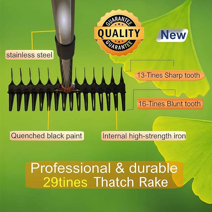 Thatching rakes for lawns, Heavy Duty Metal Thatcher rake with Strong Handle, Wide 15inch Iron dethatching rakes for Yard Leaf & Weed Clean, Soil Loose (Yellow-tine29)