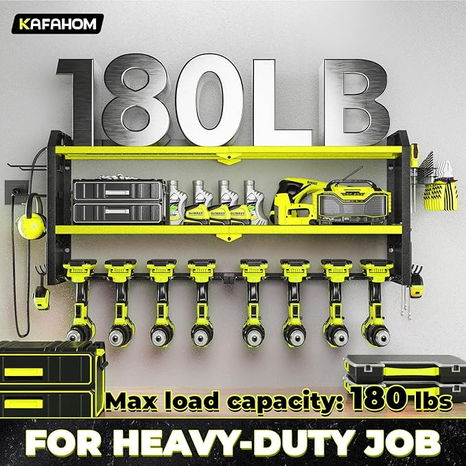 KAFAHOM Power Tool Organizer with Charging Station, Built in 8 Outlet Power Strip,Large 8 Drill Holder Wall Mount, Heavy Duty Metal Power Tool Storage Rack Tool Shelf for Garage Organization