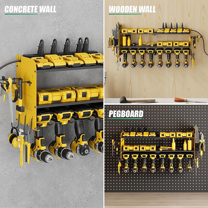 Suchtale Power Tool Organizer Wall Mount,Drill Organizer,33.2" Garage Storage,8 Drill Holders,3 Layers Heavy Duty Metal Shelf with 8 Outlets Power Strip, Gifts for Dad,Husband,Yellow