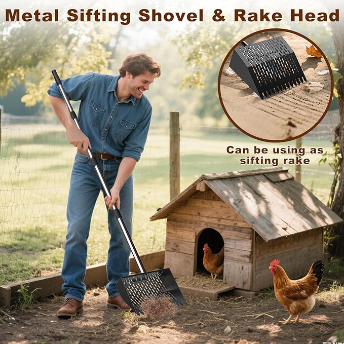 Metal Chicken Poop Scooper & Rake Scoop 10" Metal Chicken Coop Rake with Assistanted Handle Grip Heavy Duty Scoop Tool Adjustable Long Handle (36 to 62") for Coops Farm Animals