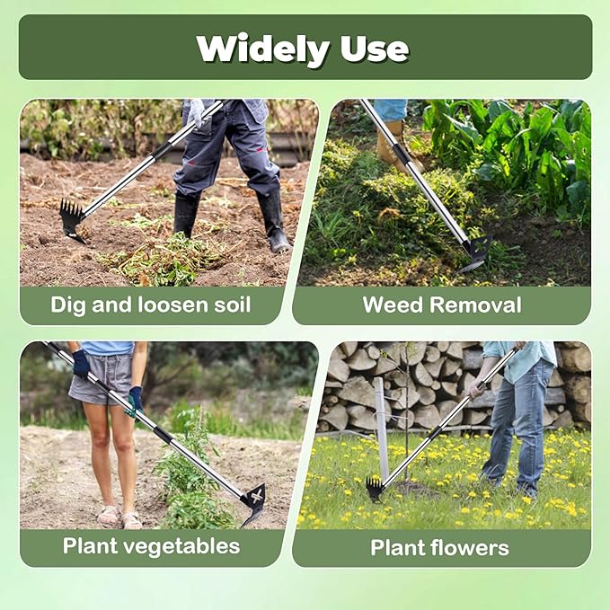 Weed Puller Tool with Long Handle - 60" Manual Weeder Remover Tool, 2 in 1 Hand Weed Rake and Garden Hoe for Gardening, Heavy Duty Uprooting Weeding Pull for Yard, Lawn, Patio and Garden