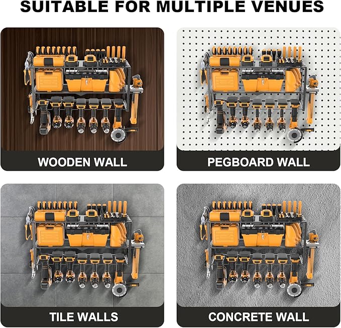 Large Power Tool Organizer Wall Mount, Power Tool Shelf System Battery Storage with 8 Cordless Drill Holder,3 Layers Heavy Duty Metal Loads 450lbs,Utility Racks for Garage Workshop