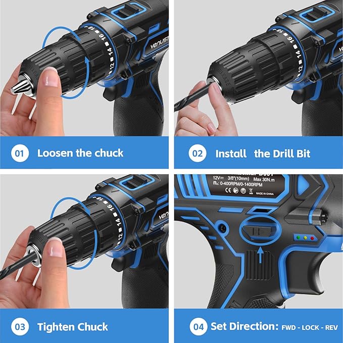 Cordless Drill Set, 12V Power Drill with 2.0Ah Battery and 2-Speed, 30Nm Torque, 25+1 Clutch Settings, 3/8" Keyless Chuck, Blue Electric Drills for Home DIY, Wood, Metal, Plastic Drilling