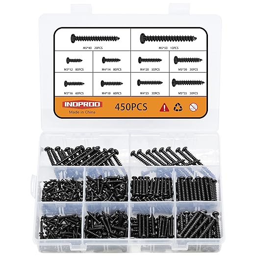 450 pcs M3 M4 M5 Black Wood Screws Assortment Kit,High Hardness Carbon Steel Self-Tapping Screws,Phillips Drive Pan Round Head Screws Set Kit,Black Oxide,Full Thread