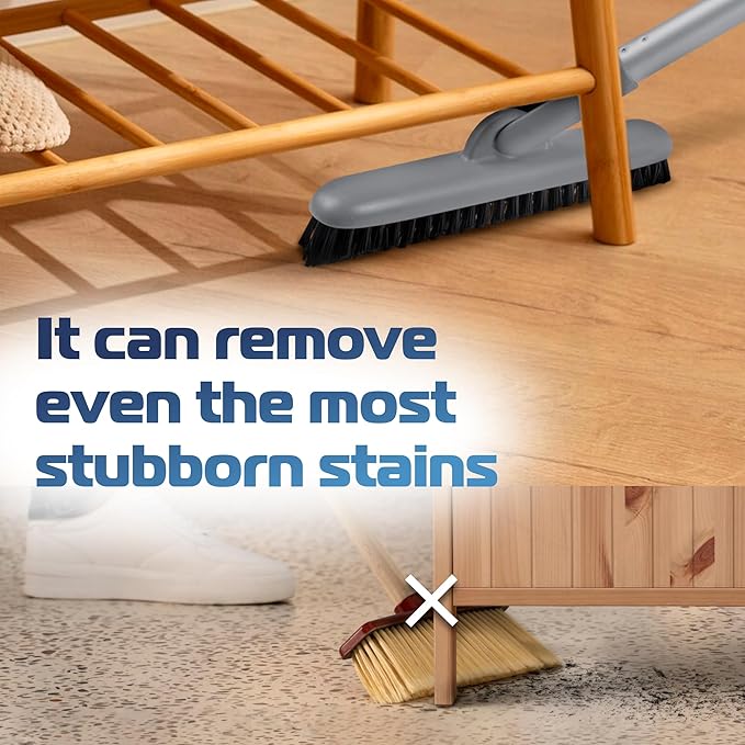 DSV Standard Grout Scrub Brush with Long Handle, 50'' Tile Grout Scrubber, V-Shape Crevice Cleaning Brush for Hard to Reach Areas, 180° Rotation Grout Cleaner for Tile Floors, Baseboards and Corners