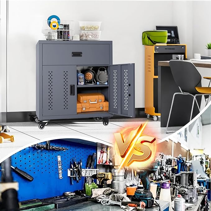 KAER Metal Garage Storage Cabinet with Wheels Tool Chest with Drawer 2 Doors and Adjustable Shelf Industrial Style Tool Cabinets for Warehouse Garage Basement Repair Shop - Assembly Required