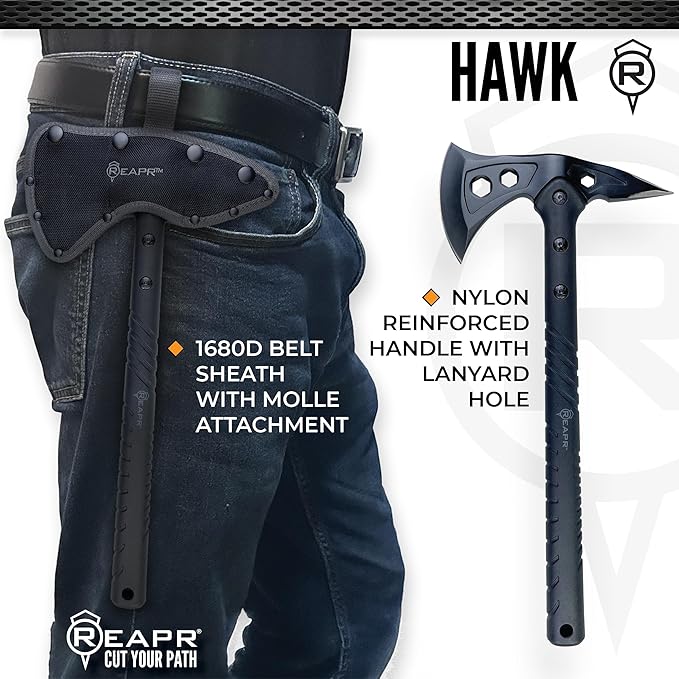 Reapr Tactical Hawk 7" Dual-Blade Throwing Axe – Survival Tomahawk with Spike & Axe Head, Stainless Steel, Nylon-Fiberglass Handle, Belt Sheath – Camping, Hunting, Wood Splitting, Gift for Outdoorsmen