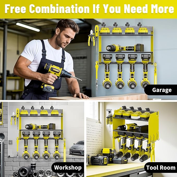 Heavy Duty Drill Holder & Power Tool Organizer Wall Mount, Metal Cordless Tool Organizer for Cordless Drill, Accessory Holder Rack (3L4D WITH CHARGING STATION (YELLOW), With Charging Station)