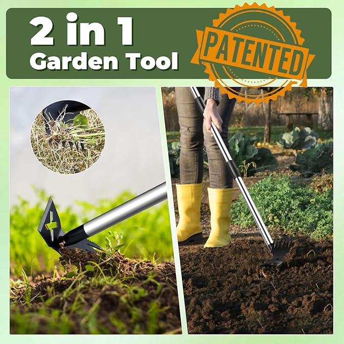 Weed Puller Tool with Long Handle - 60" Manual Weeder Remover Tool, 2 in 1 Hand Weed Rake and Garden Hoe for Gardening, Heavy Duty Uprooting Weeding Pull for Yard, Lawn, Patio and Garden
