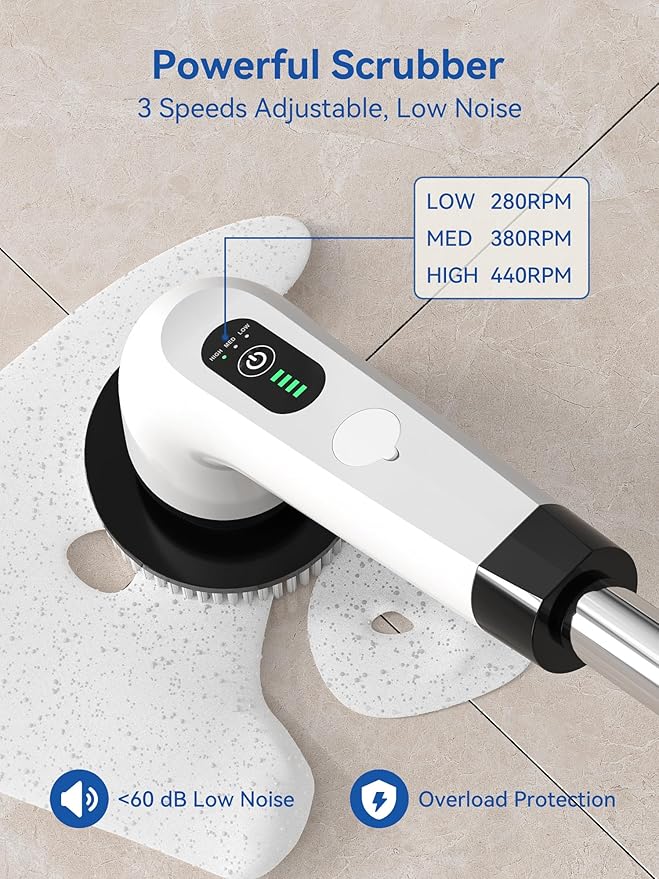 Electric Spin Scrubber - 120Min Cordless Shower Bathroom Cleaner with 8 Brush Heads | 440 RPM Power Scrubber (3-Speed) & Adjustable Extension Handle for Cleaning Bathtub, Tile, Grout