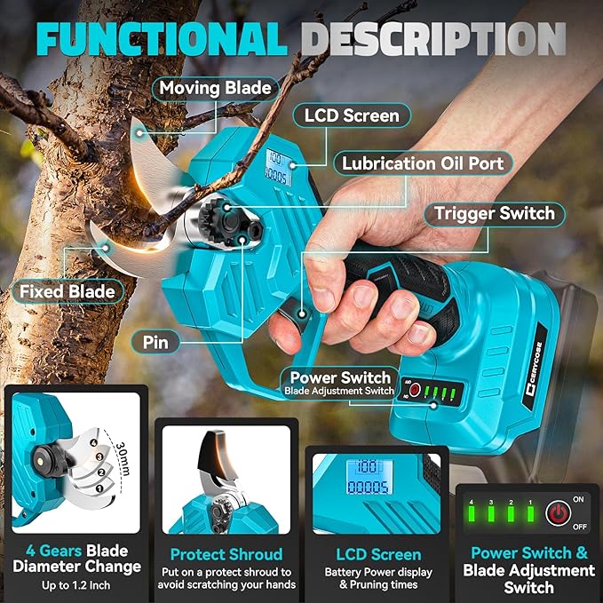 Cordless Electric Pruning Shears Compatible with Makita 18V Battery, Portable Pole Pruner with LCD Display & Imported SK7 Steel Blades,1.5-2-Inch Cutting Diameter for Gardening Shears