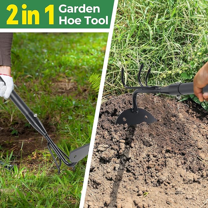 Garden Hoe 23 Inch Long Cultivator with Adjustable Long Handle - Heavy Duty Weeding & Soil Loosening Tool for Gardening, Lawn, and Yard Work