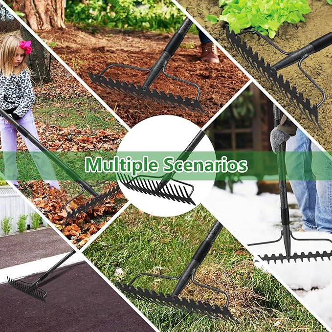 77 inch Bow Rake,2-in-1 17 Tooth Rake for Leaves Portable and Adjustable for Gardening Leaves Loosening Soil Leveling Lawn Farming Land Management Yard