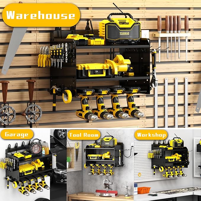Wide Power Tool Organizer Wall Mount with Charging Station,3 Layer Adjustable Heavy Duty Tool Storage Rack with 8 Outlet Power Strip for Drill,Cordless Tools,Suitable Utility Rack for Garage,Black