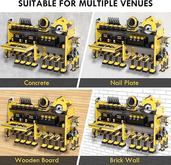 KSVO Power Tool Organizer Wall Mount with Drill Rack, Grinder Holder, Hammer & Pliers Rack, Locking Drawers, 6-Outlet Charging Shelf – Heavy Duty Metal Tool Storage for Garage, Workshop (Yellow)
