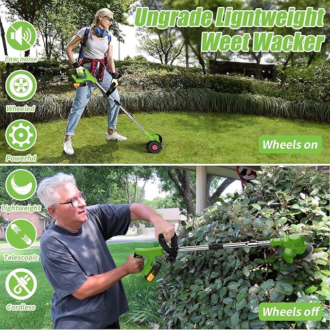 21V Electric Weed Wacker Eater Battery Powered, Cordless Weed Trimmer with 2 Battery Operated & Wheels, 3 in 1 Lightweight Grass Trimmer/Edger/Brush Cutter for Garden Yard Lawn