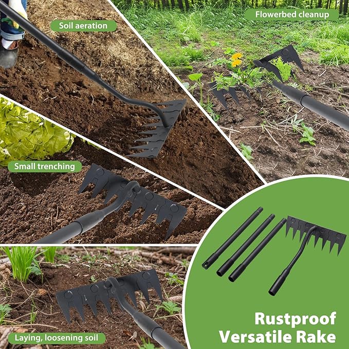 Manual Weeder Tool,8 Tines Garden Weeding Rake with Sharp Blade,55 Inch Long Handle,Heavy Duty Stand Weeding Tool for Weeding Loosening Soil Gathering Leaf Leveling Thatch Rake