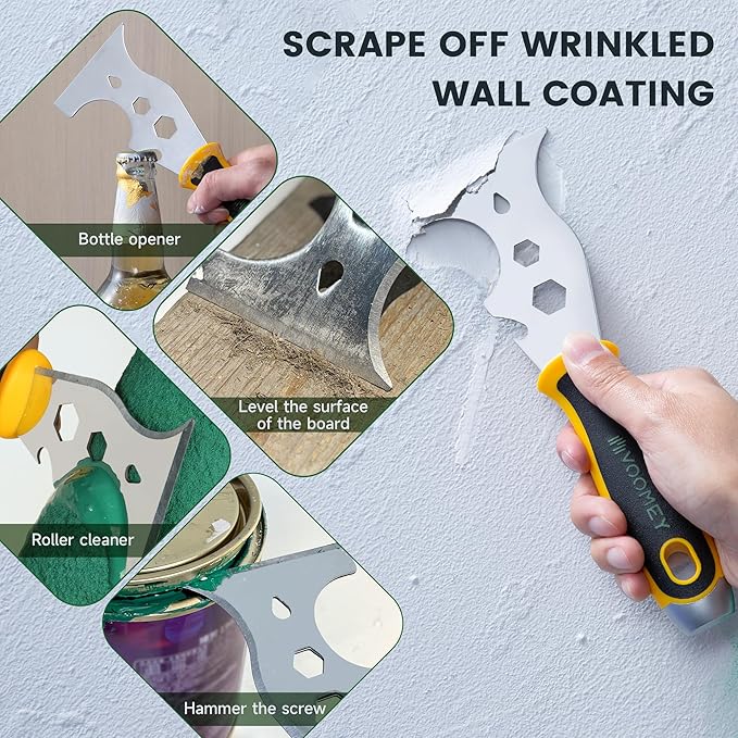 VOOMEY 12-in-1 putty knife, paint scraper tool, stainless steel paint scraper,3 Pack, three color rubber covered handle,metal scraper used for cleaning paint rollers, removing wall cracks,etc