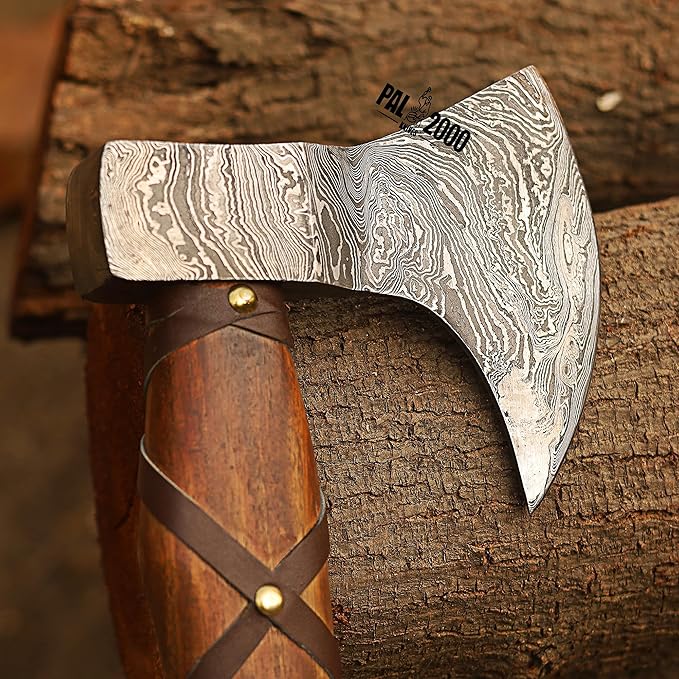 PAL 2000 KNIVES Custom Handmade Damascus Steel Axe - Hatchet Tomahawk Axe, Knife, Solid Rose Wood Handle - Inch - Ax