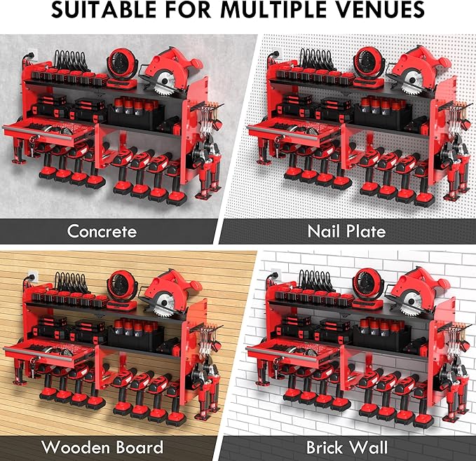KSVO Power Tool Organizer Wall Mount with Drill Rack, Grinder Holder, Hammer & Pliers Rack, Locking Drawers, 6-Outlet Charging Shelf – Heavy Duty Metal Tool Storage for Garage, Workshop (Red)