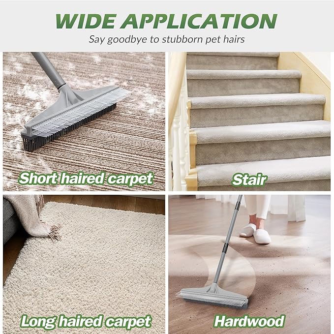 Walensee Carpet Rake for Pet Hair Removal, 61" Carpet Hair Cleaning Tool with Adjustable Long Handle, 2-in-1 Rubber Broom and Nylon Carpet Brush for Fur Rug, Stairs and Mats - Washable, Durable