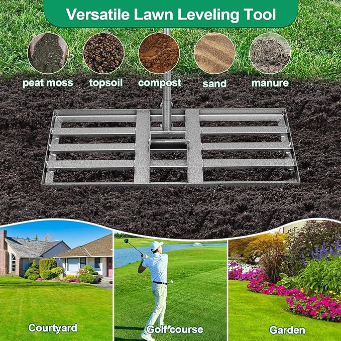 Lawn Leveling Rake Heavy Duty with 30"x10" Ground Plate, Steel Yard Lawn Rake Tool for Soil - Adjustable Effort Saving Handle, Metal Landscape Lawn Leveler for Garden, Topdressing & Seeding